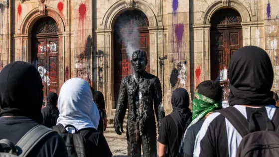 Protesta de normalistas deja pintas y daños en el Palacio de Gobierno de Tuxtla Gutierrez