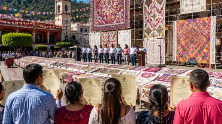 101 artesanos de Hidalgo reciben certificado Guinness por bordados más grandes del mundo