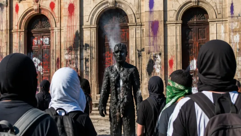 Protesta de normalistas deja pintas y daños en el Palacio de Gobierno de Tuxtla Gutierrez