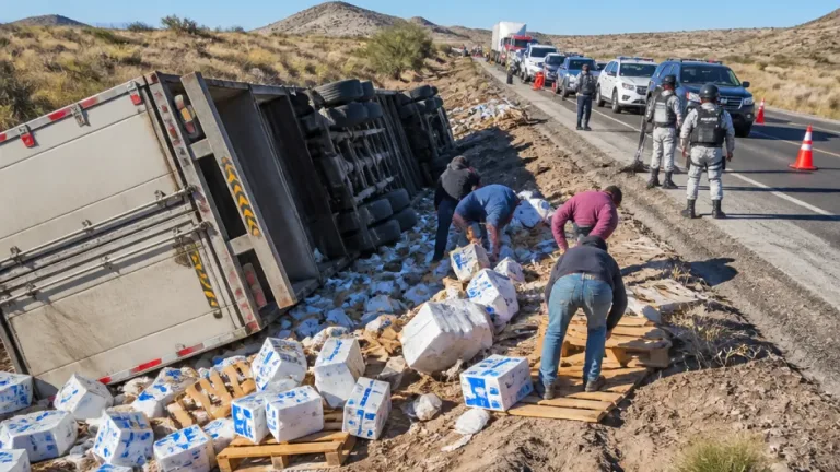Vuelca tráiler con queso crema en la carretera a Delicias; se registra rapiña